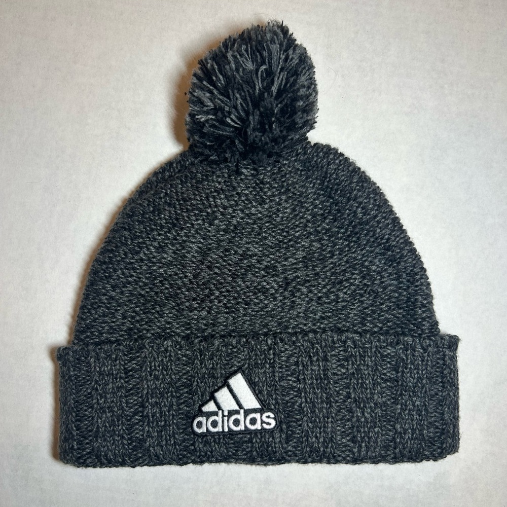 Adidas Kids Charcoal Knit Beanie with Pom-Pom